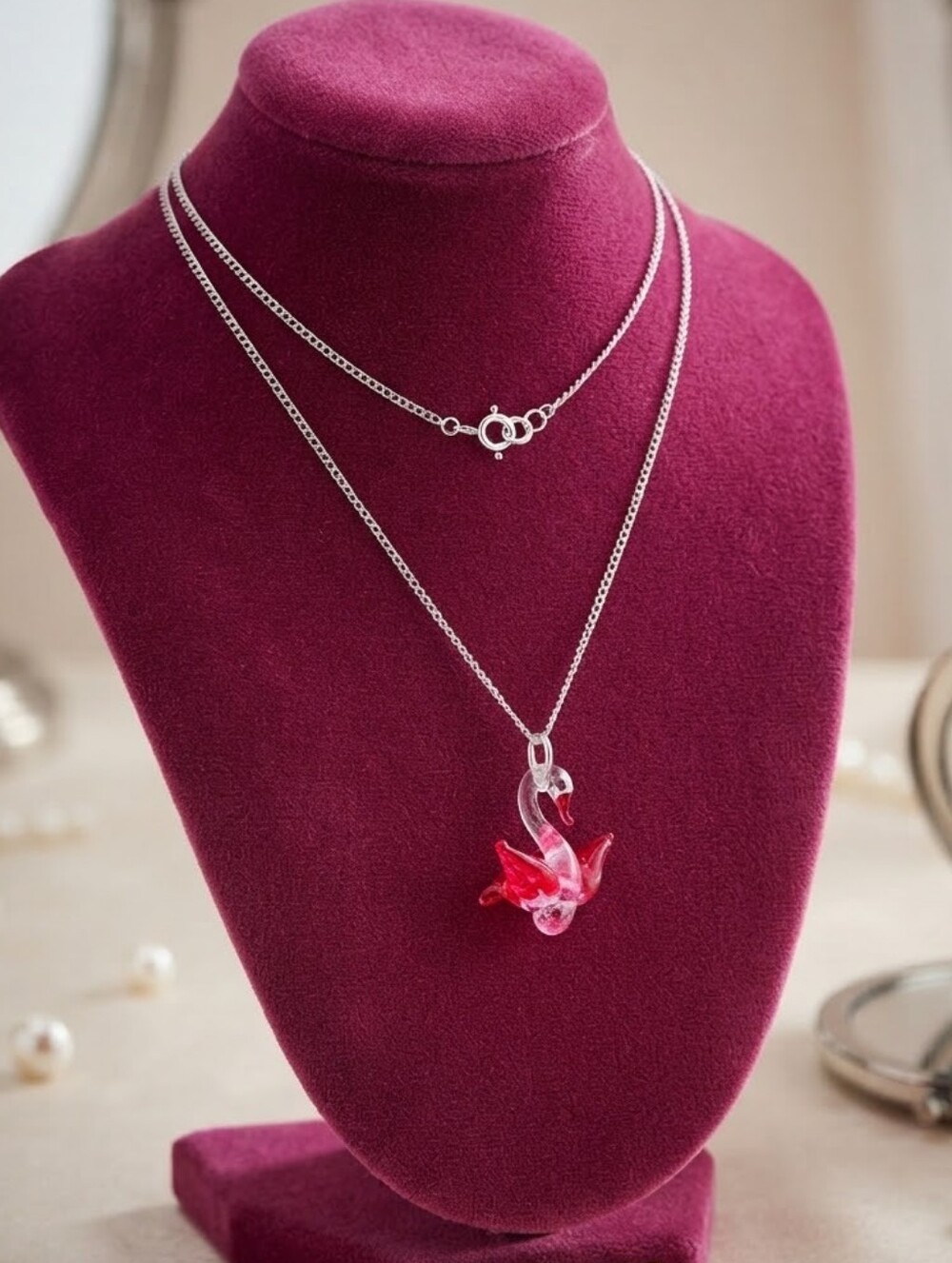 Vintage Hand-Blown Glass Swan Pendant Necklace Pink Clear Art Glass Retro CC